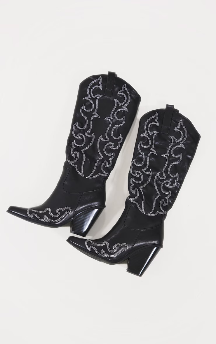 Black Faux Leather Contrast Stitch Detail Western Knee Boots | PrettyLittleThing US