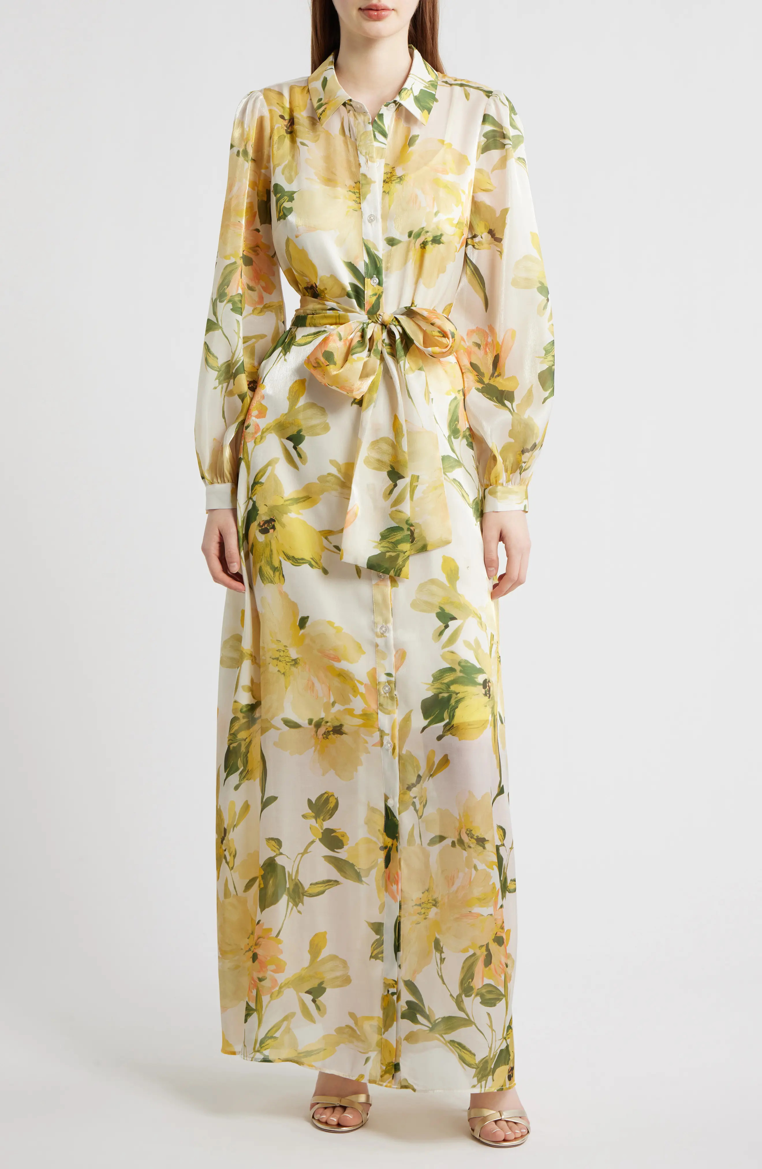 Julia Jordan Floral Long Sleeve Tie Belt Organza Cocktail Shirtdress (Women) | Nordstrom | Nordstrom