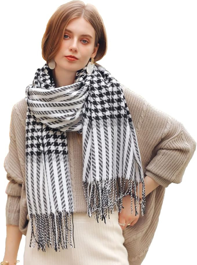Women's Fashion Long Shawl Black and White Grid Winter Warm Lattice Scarf,Super Soft Classic Cash... | Amazon (US)
