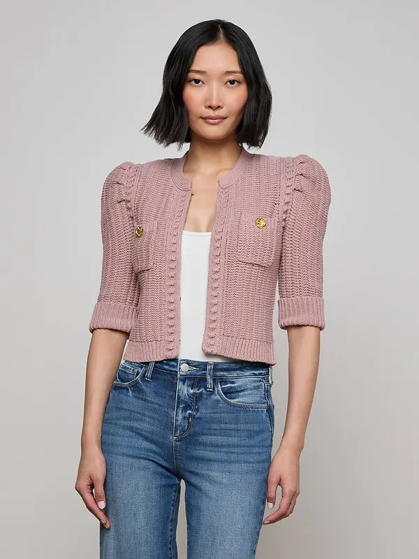 Delilah Cropped Cardigan in Light Mauve/Gold | L'AGENCE | L'Agence
