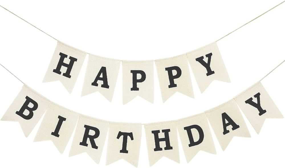 Burlap Happy Birthday Banner, Assembled Reusable Black Happy Birthday Sign for Rustic Birthday Pa... | Amazon (US)