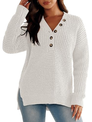 ANRABESS Womens Oversized Sweater Long Sleeve Loose V Neck Button Jumper Casual Waffle Side Slit Knit Pullover 2024 Clothes X-Large White | Amazon (US)
