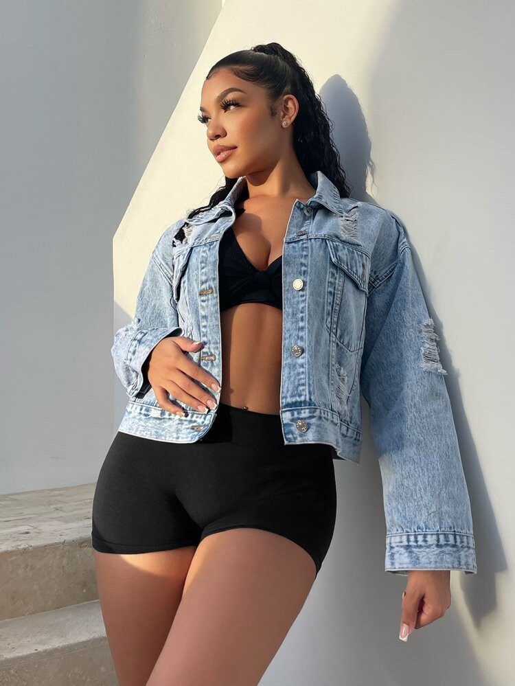 Ripped Frayed Flap Pocket Denim Jacket | SHEIN