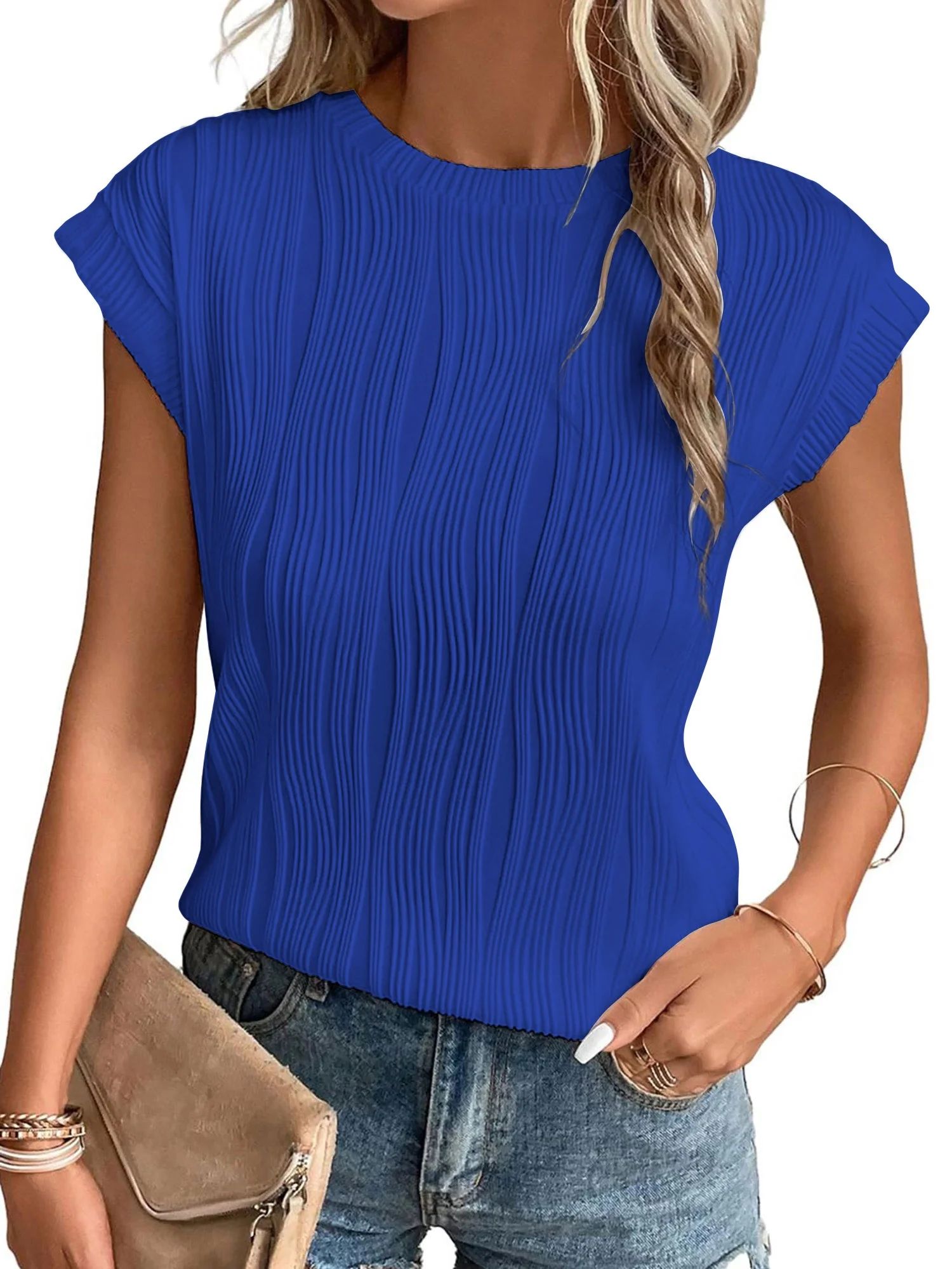 MOSHU Textured Womens Tops Casual Crewneck Basic Tee Shirts Cap Sleeve Summer Blouses | Walmart (US)