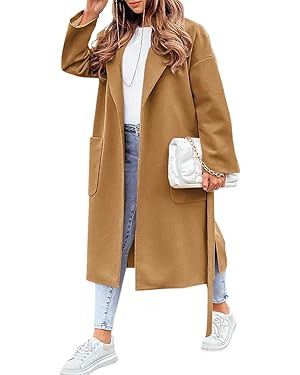 FSHAOES Womens Lapel Collar Pea Coat Open Front Overcoat Belted Long Jacket Outerwear | Amazon (US)