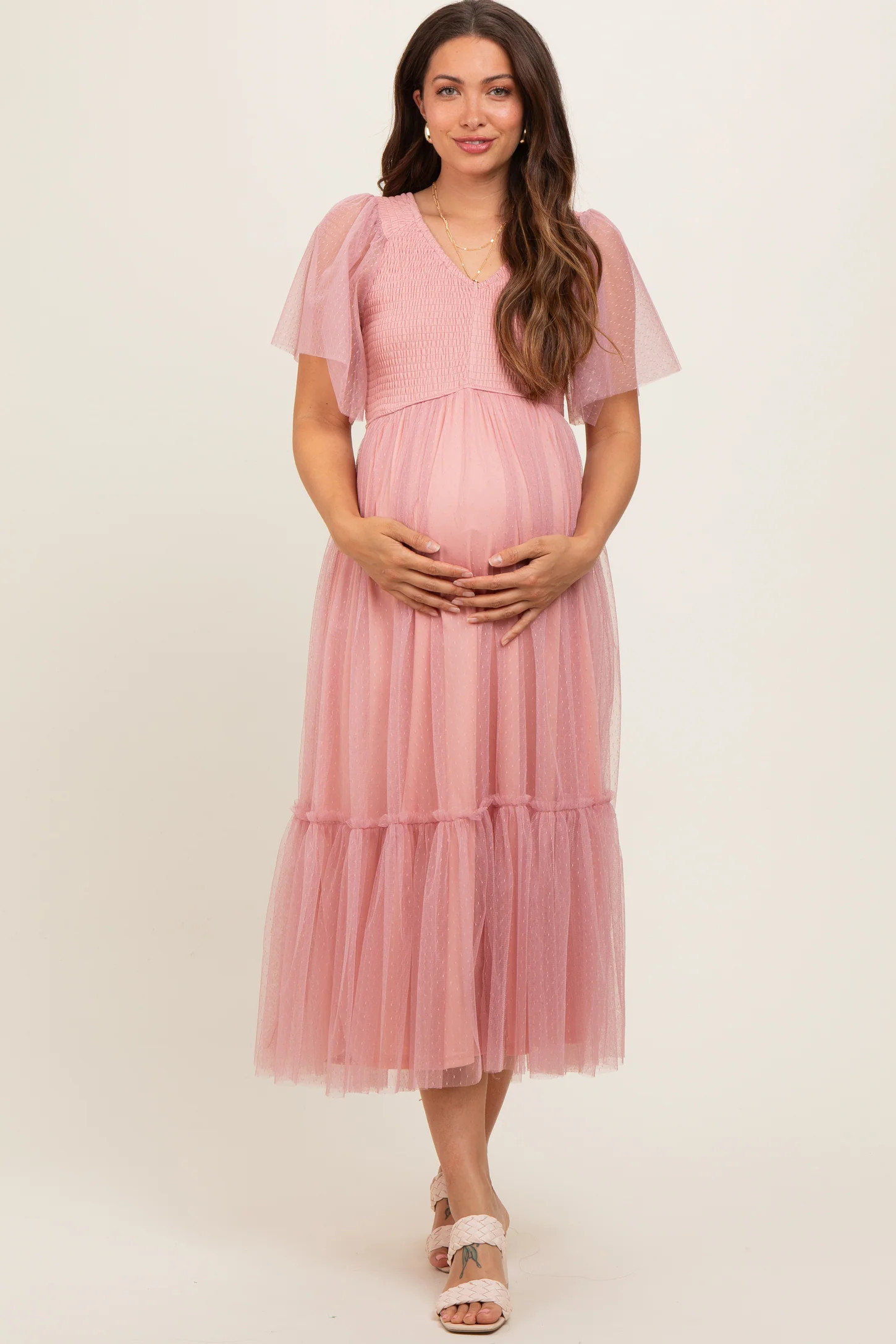 Mauve Dotted Tulle Smocked Maternity Midi Dress | PinkBlush Maternity