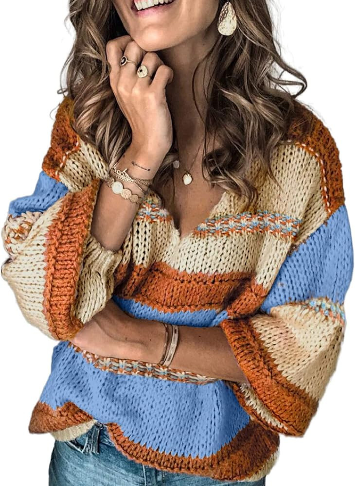 EVALESS Womens Striped Knit Oversized Cropped V Neck Sweater Pullover Casual Loose Long Sleeve Co... | Amazon (US)