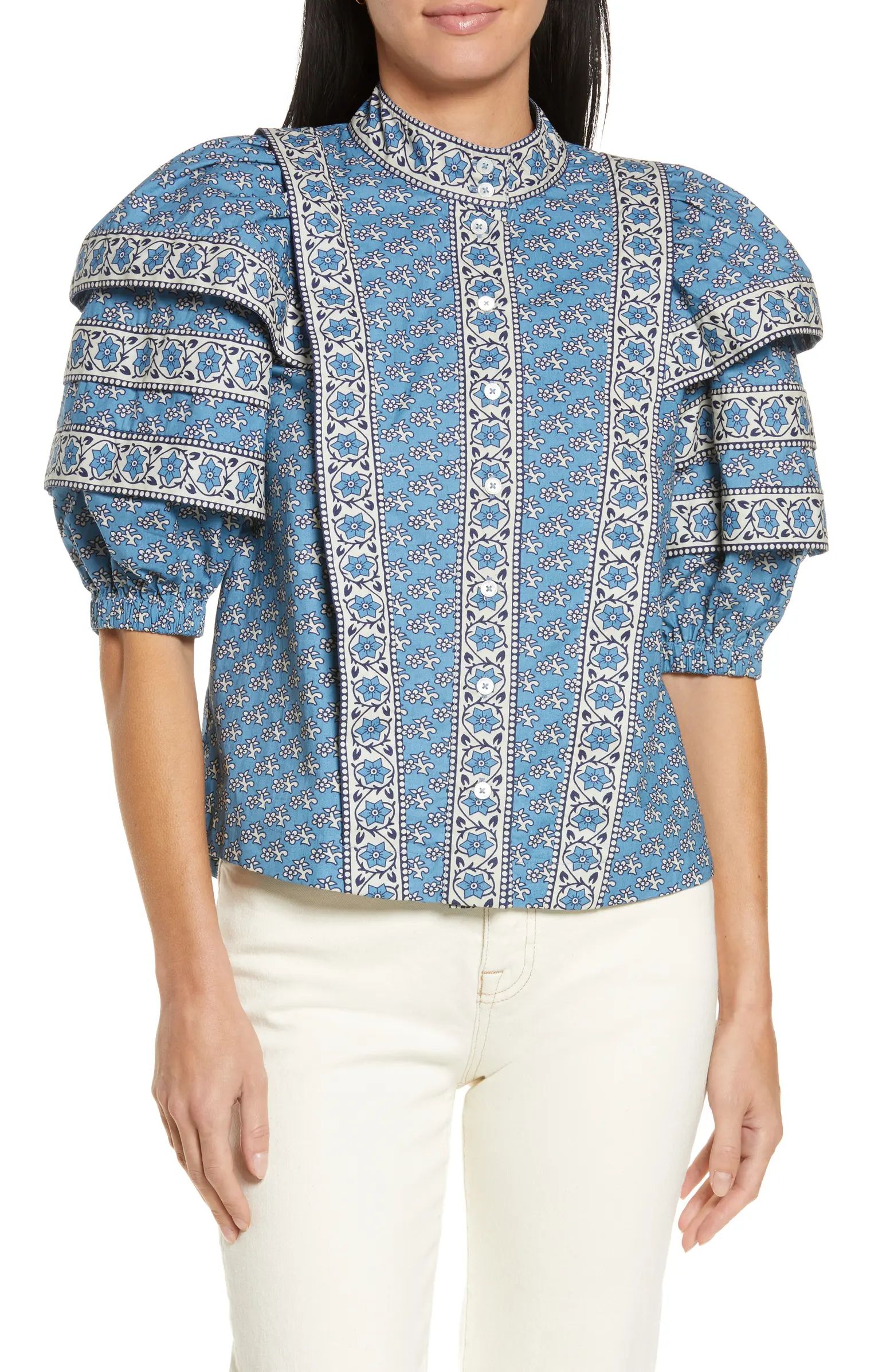 Sea Fernanda Tile Print Puff Sleeve Button-Up Shirt | Nordstrom | Nordstrom
