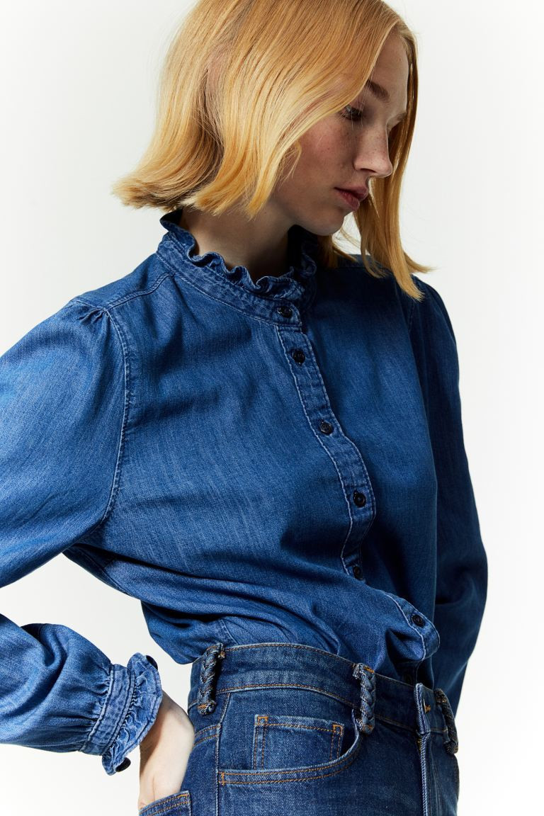 Ruffle-trimmed Denim Blouse - Denim blue - Ladies | H&M US | H&M (US + CA)