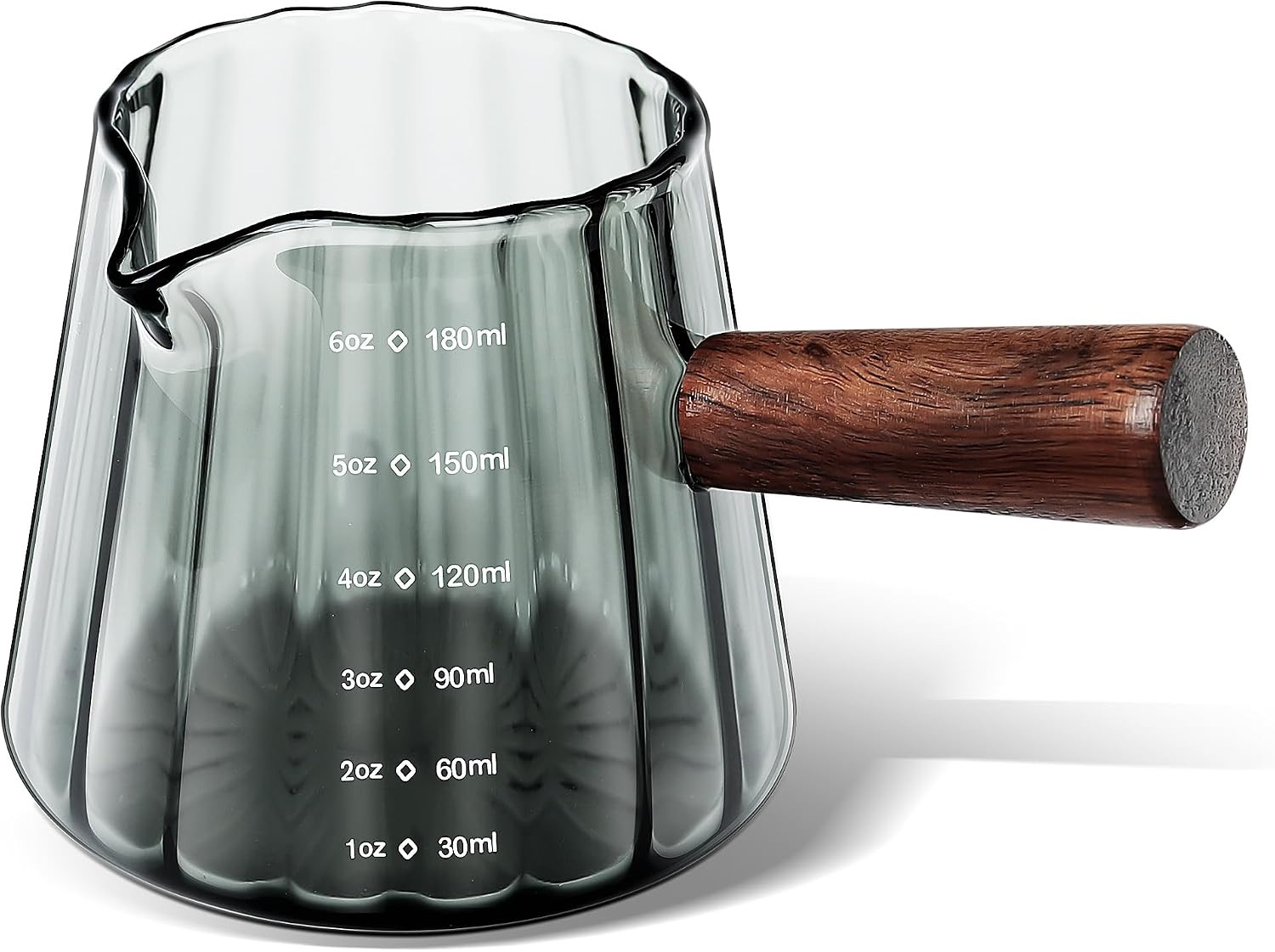 Joeyan 6 oz Grey Glass Measuring Cups with Spout,Borosilicate Glass Triple Pitcher with Scale,Origami Style Espresso Shot Glasses with Wood Handle for Coffee Milk,Dishwasher Safe | Amazon (US)