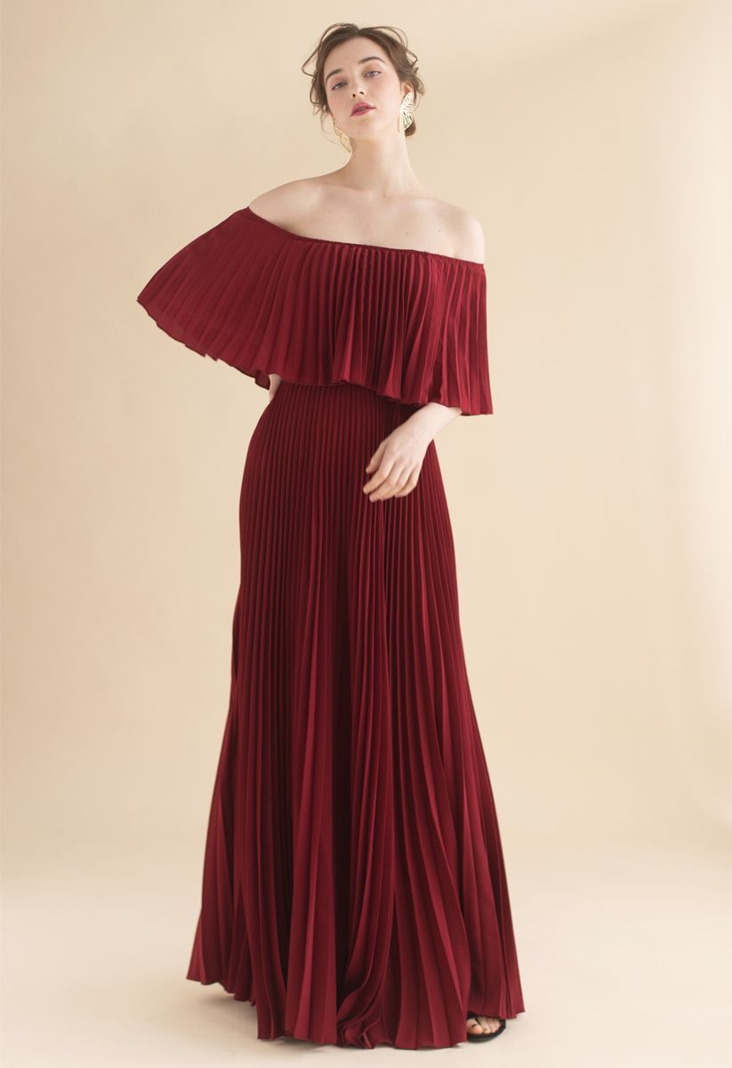 Dancing Till Dawn Off-Shoulder Pleated Maxi Dress in Wine | Chicwish