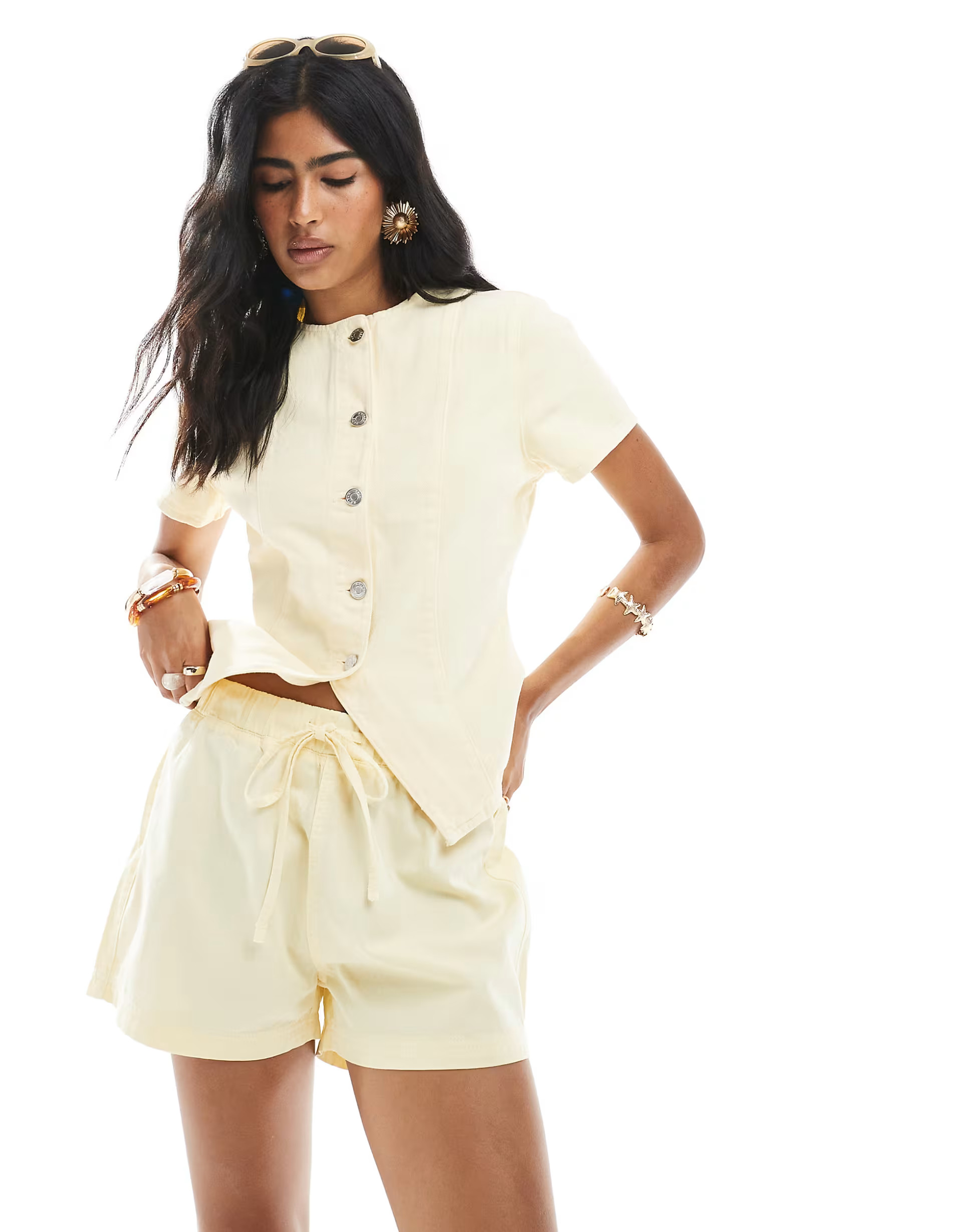 ASOS DESIGN jogger style denim pull on short in buttermilk yellow | ASOS (Global)