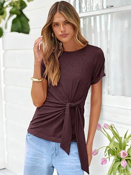 ANRABESS Womens Tops Summer Short Sleeve Crewneck Tie Waist Shirts Dressy Casual Blouse Tee 2026 ... | Amazon (US)
