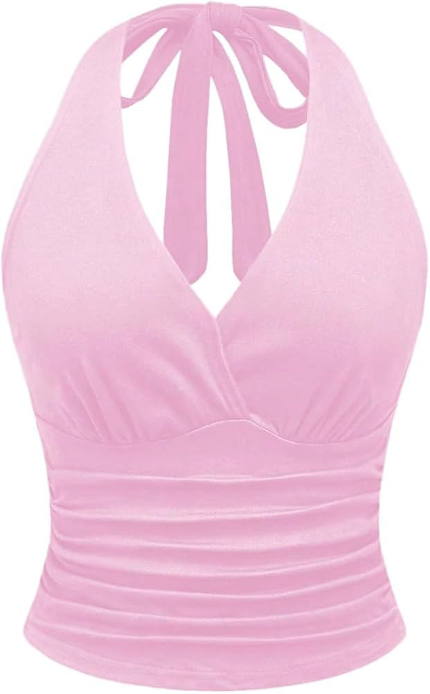 WDIRARA Women's Leopard Print Ruched Halter Crop Tops V Neck Tie Back Sleeveless Slim Fit Cami To... | Amazon (US)