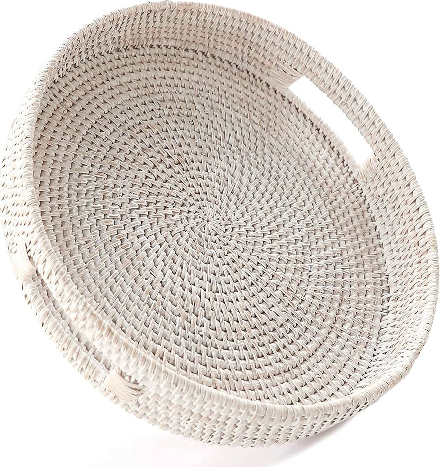 HITOMEN 11.8'' Hand-Woven Round Rattan Serving Tray Decorative Wicker Trays with Handles for Coff... | Amazon (US)