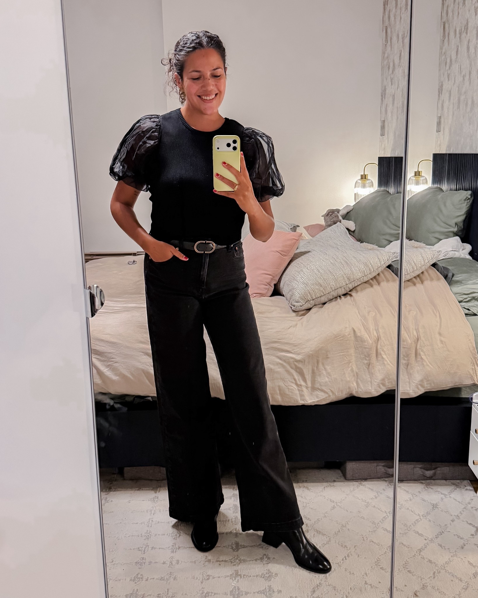 Winter date night outfit! Sheer puffy sleeves add some fun to an all-black look. I added a bright red coat for a pop of color!!

Shirt by ASTR the label (rented from Armoire)
Jeans by Gap
Boots by Tory Burch

#LTKHoliday #LTKMidsize #LTKootd