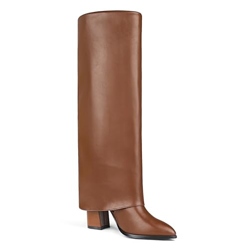 Zzheels Women's Fold Over Knee High Boots Chunky High Heels Pointy Toe Long Boots Wide Calf Zip-on Boots Brown US10.5 | Amazon (US)