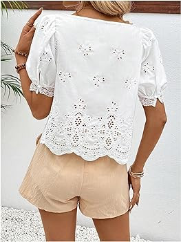 SweatyRocks Women's Square Neck Puff Sleeve Eyelet Lace Hollow Out Embroidered Top Blouse | Amazon (US)