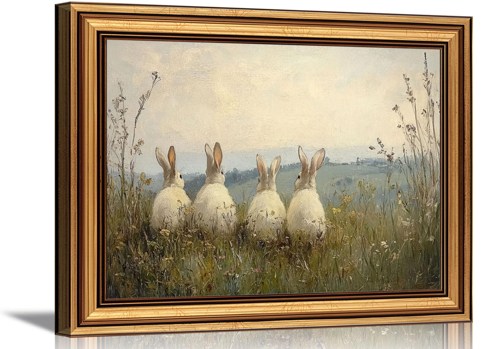 Vintage Gold Framed 3D Textured Wall Art Easter Four Rabbits In Meadow Oil Painting Wall Decor Pi... | Amazon (US)