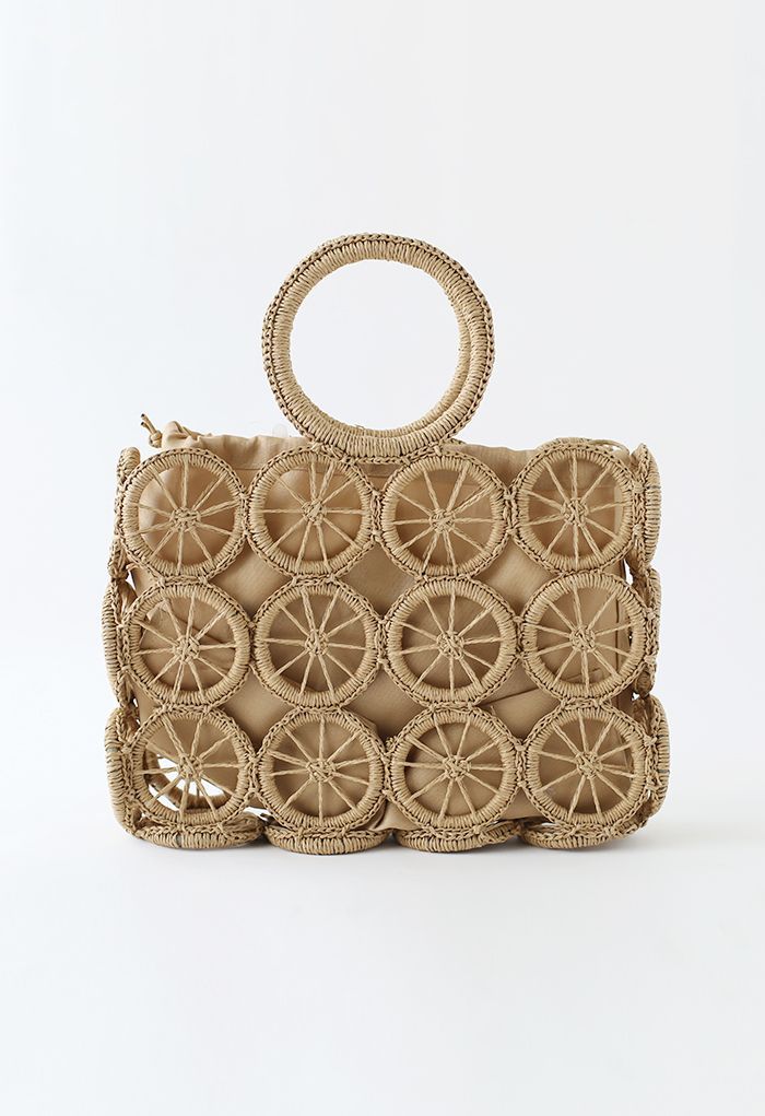 Wheel Shaped Woven Straw Handbag in Caramel | Chicwish