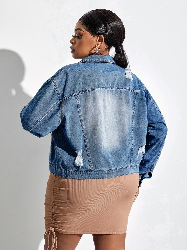 SHEIN SXY Plus Bleach Wash Drop Shoulder Ripped Denim Jacket | SHEIN