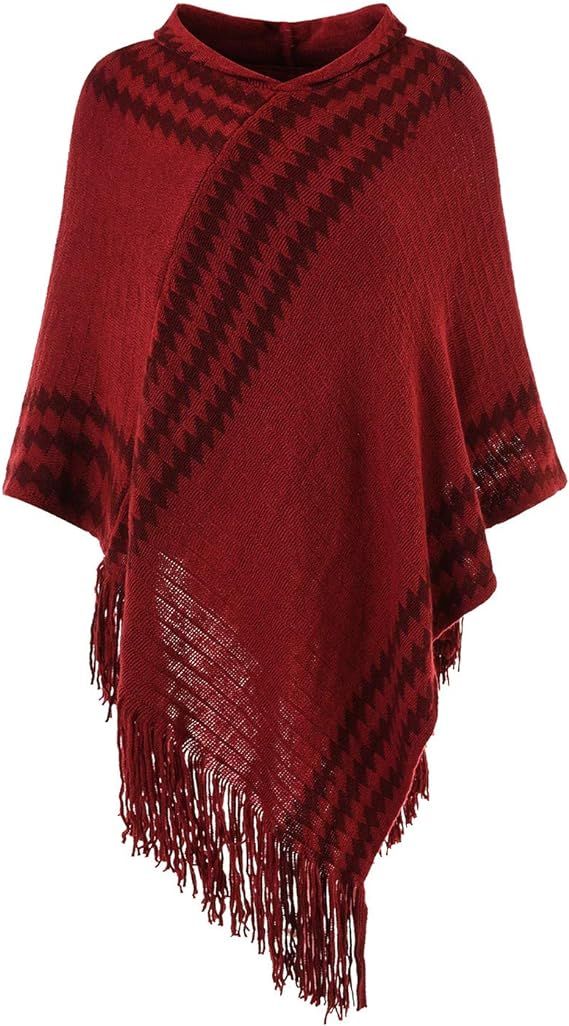 Ferand Women's Hooded Zigzag Striped Knit Cape Poncho Sweater with Fringes | Amazon (US)