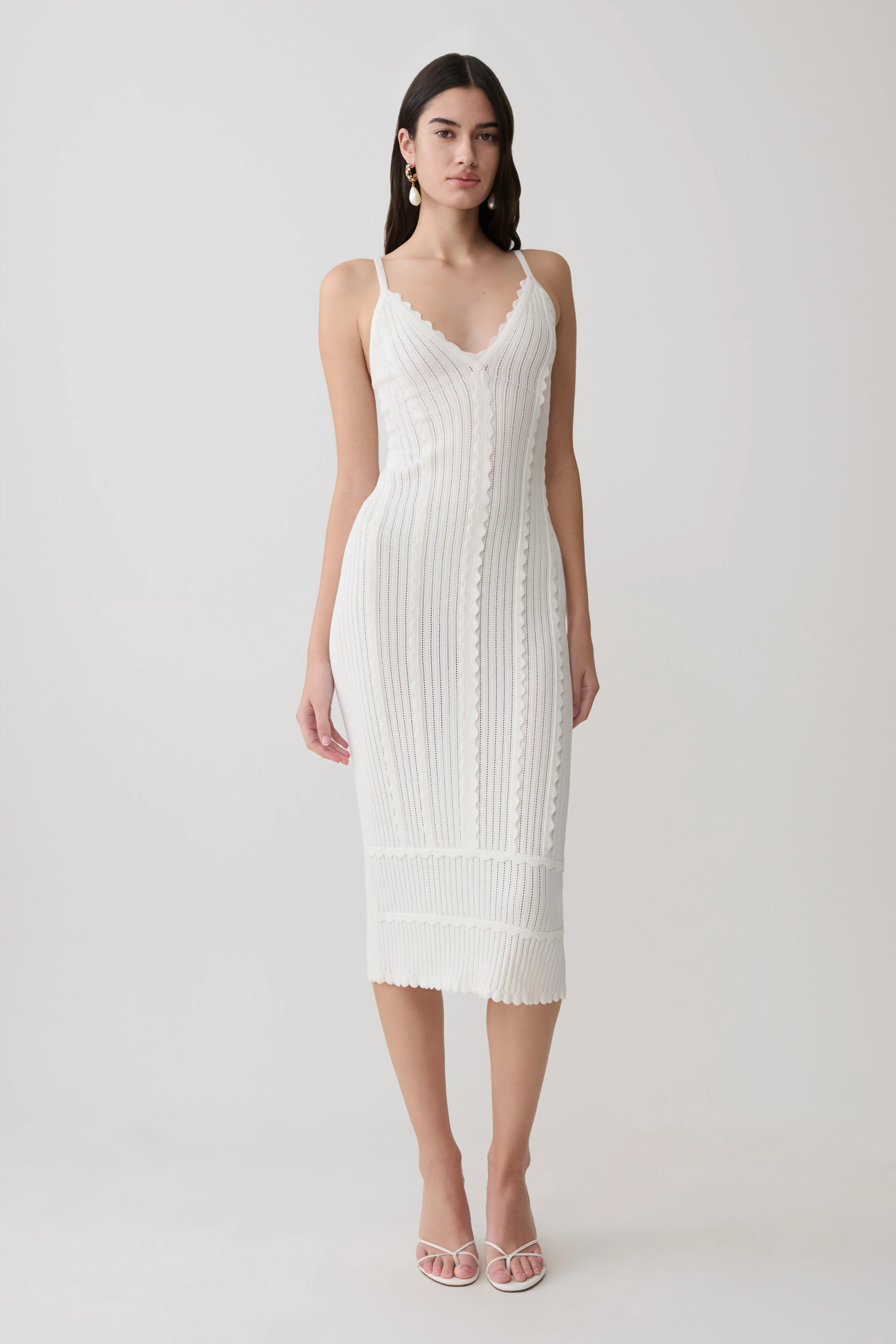 Cooper Scalloped Neckline Pointelle Midi Dress - White | MESHKI US