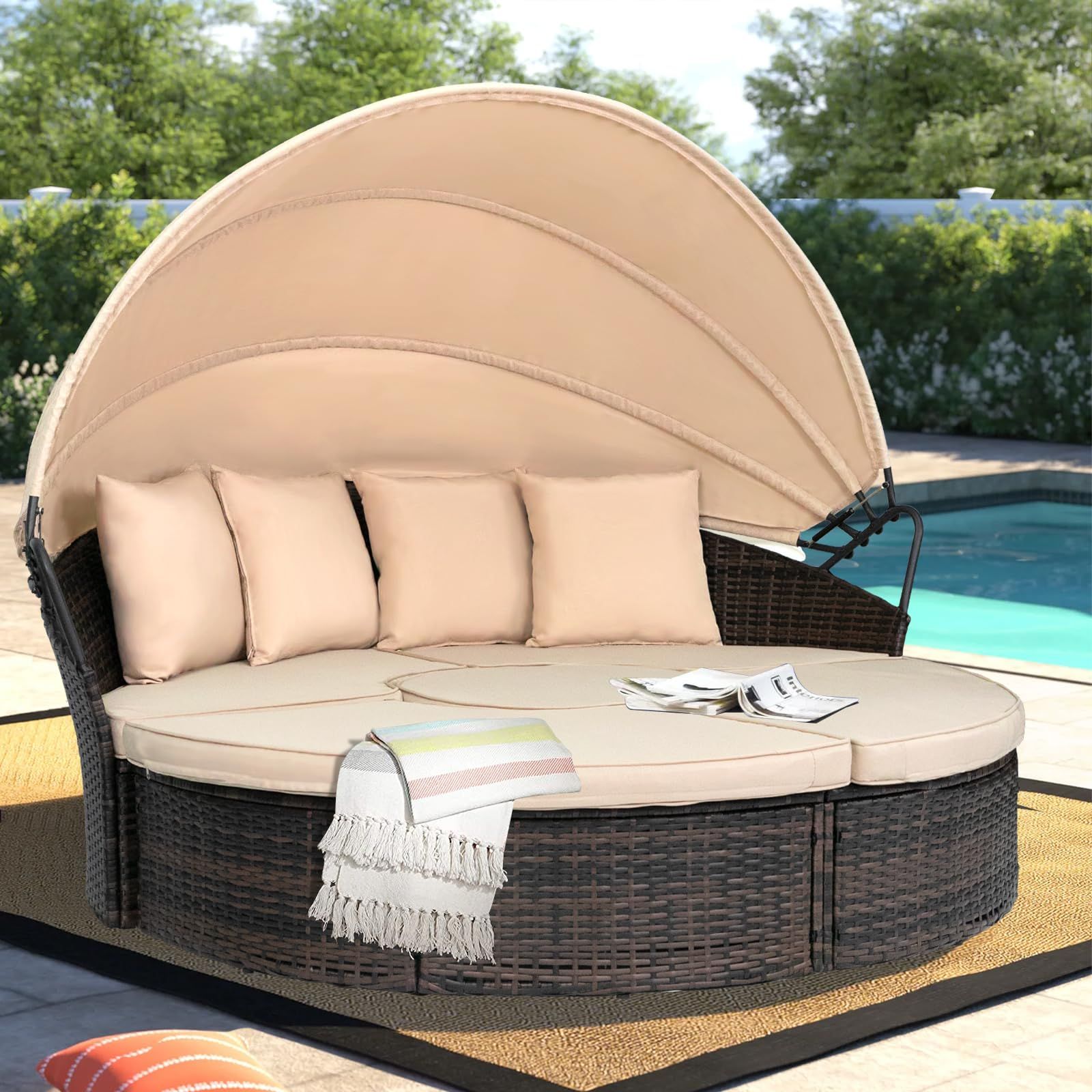 Outdoor Patio Daybed with Retractable Canopy, Wicker Rattan Sectional Round Sofa Furniture Set, 5... | Amazon (US)