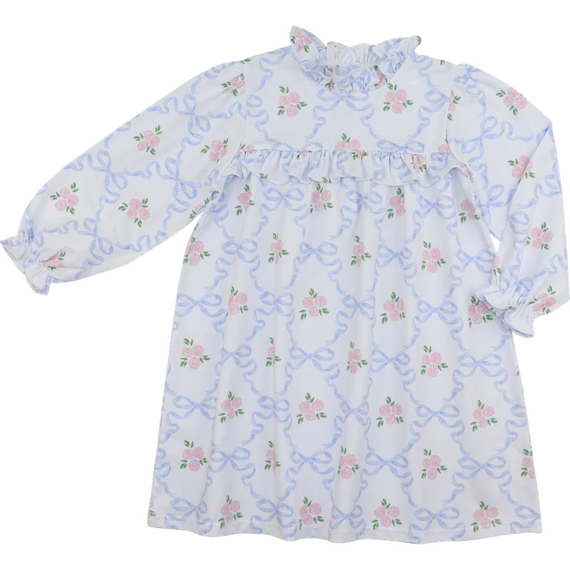 Blue And Pink Rose And Bow Knit Dress | Cecil and Lou