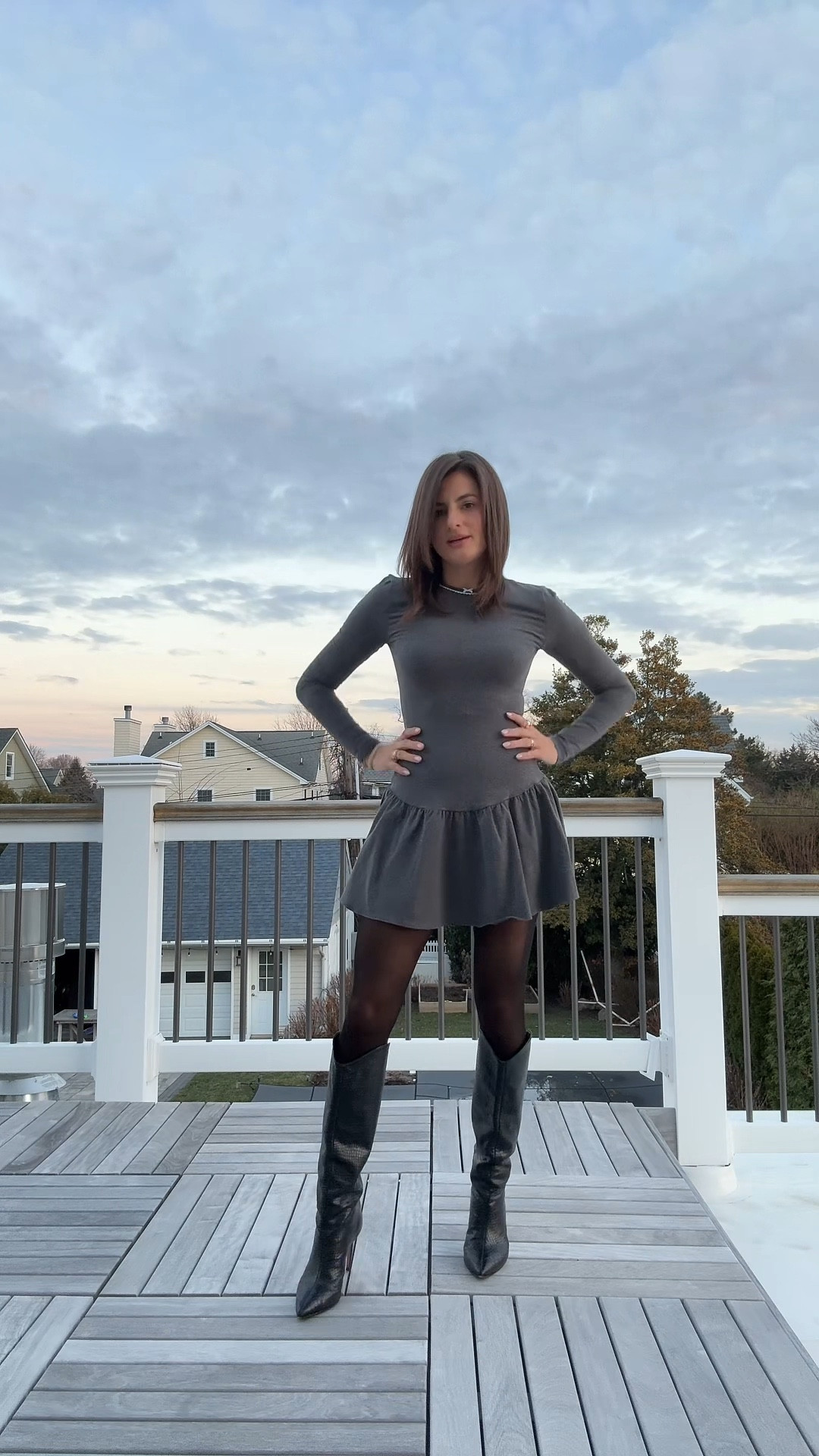 Cutie gray skater dress and boots for a night out to see Scrooge 