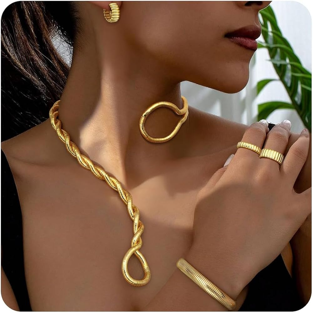 JeryWe Gold Statement Jewelry Set for Women 14K Gold Plated Choker Necklace Chunky Bangle Bracele... | Amazon (US)