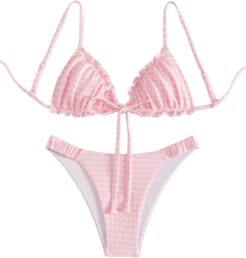 RoseSeek Women's 2 Piece Gingham Bikini Sets Tie Front Frill Bathing Suit Set Wireless Padded Swi... | Amazon (US)
