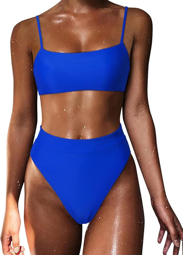 MOSHENGQI Women High Wasited Bikini Shoulder Strap 2 Piece High Cut String Swimsuits | Amazon (US)