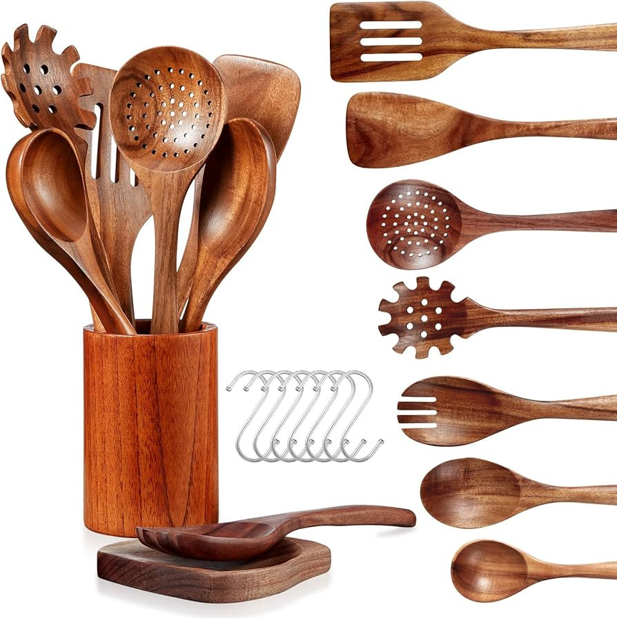 Wooden Spoons for Cooking - 10 Piece Natural Teak Wood Kitchen Utensil Set, Wooden Spoons Set wit... | Amazon (US)