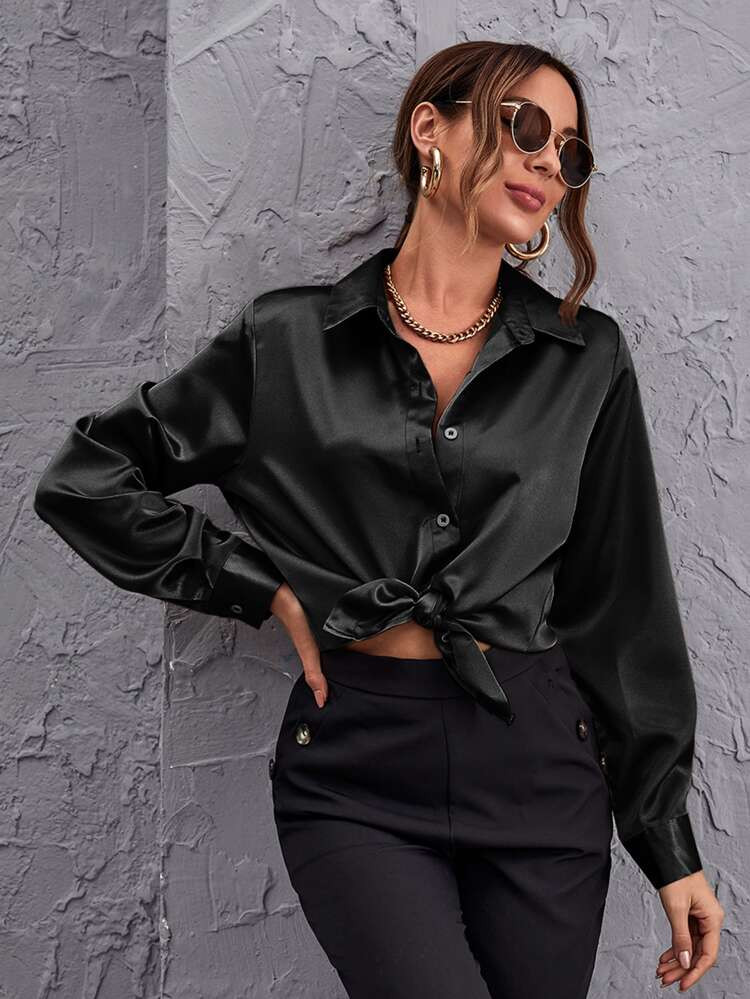 Button Front Satin Blouse | SHEIN