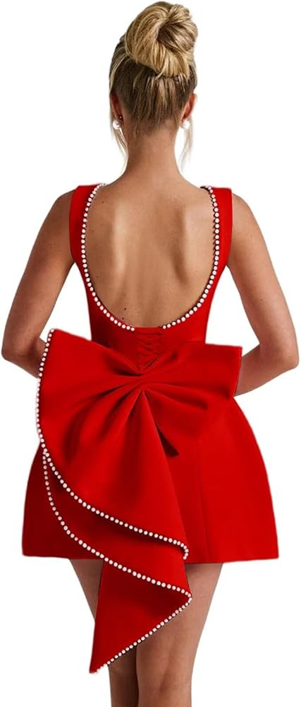 Satin Pearl Homecoming Dresses 2025 for Teens with Bow Short Boat Neck Prom Dress Mini Cocktail P... | Amazon (US)