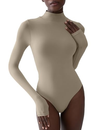 PUMIEY Long Sleeve Bodysuit For Women Mock Turtle Neck Sexy Tops Body Suits Women Clothing Khaki Medium | Amazon (US)