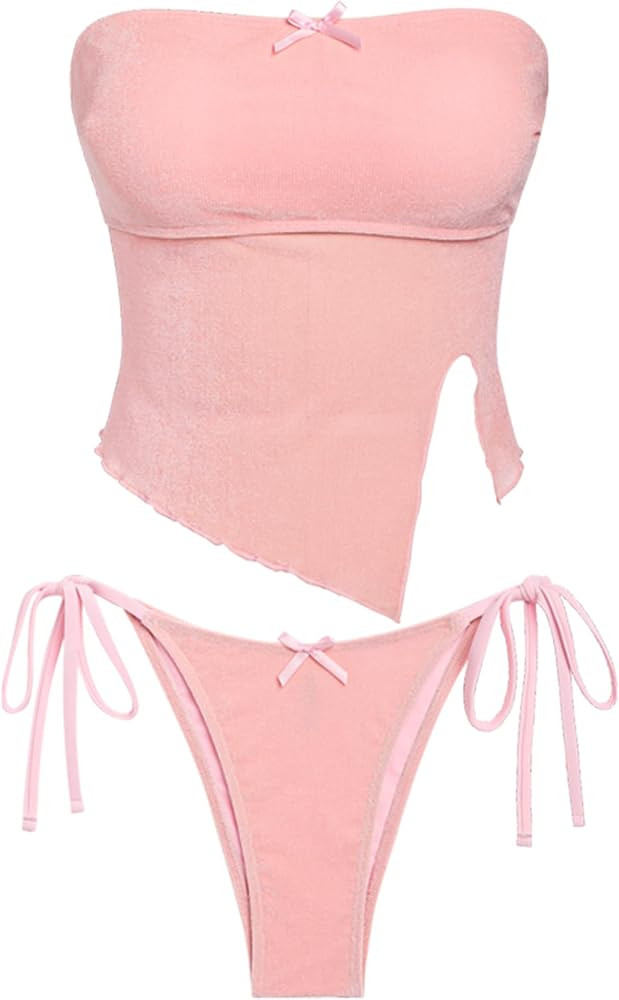ZAFUL Women's Bandeau Tankini Swimsuit Asymmetrical Slit Bowknot String High Cut Fairyland Cheeky... | Amazon (US)