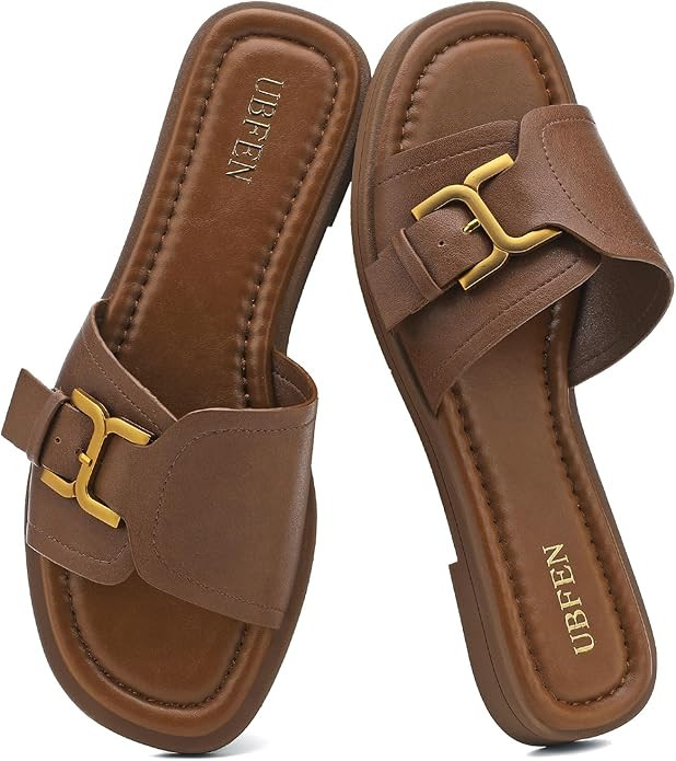 UBFEN Women's Square Toe H-Strap Slide Sandals Trendy Comfortable Summer Flat Sandals for Casual,... | Amazon (US)