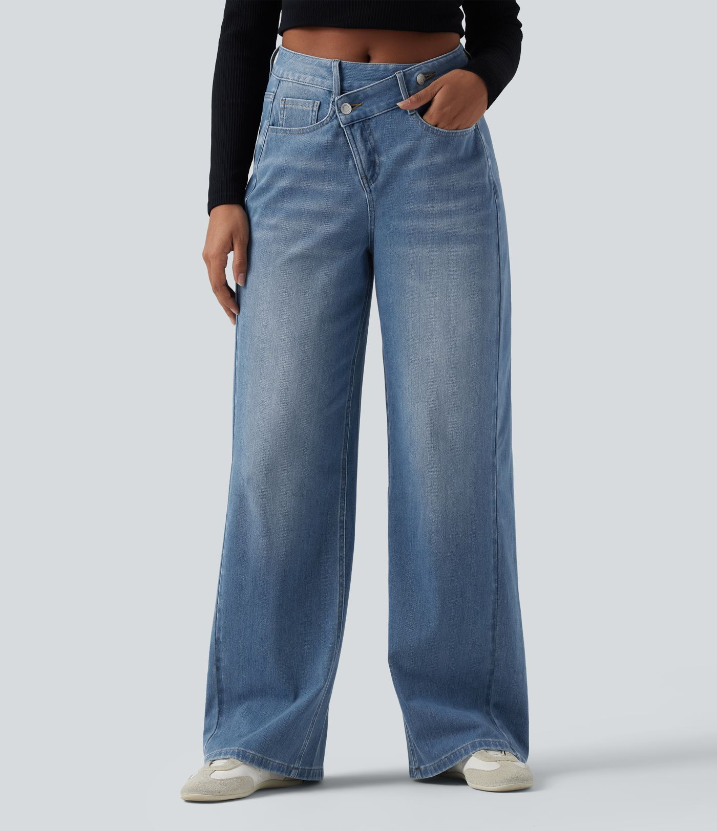 Halara Flex™ Asymmetric High Waisted Washed Casual Baggy Jeans with Pockets | HALARA