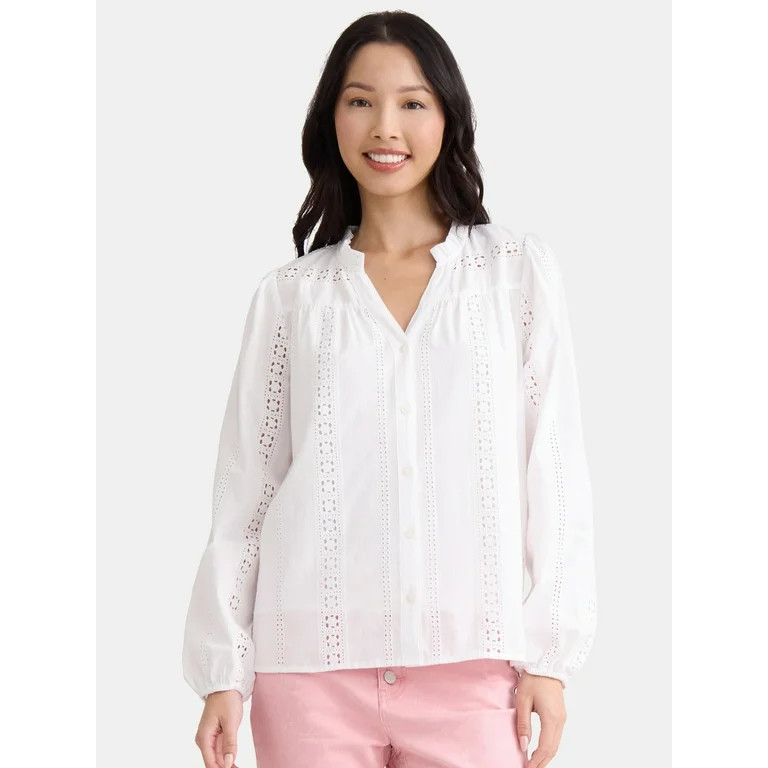 Time and Tru Women's Eyelet Embroidered Peasant Blouse, Sizes XS-XXXL | Walmart (US)