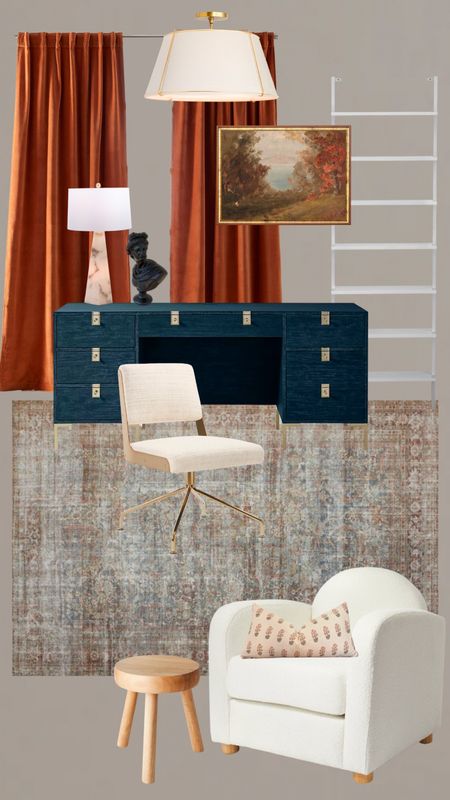 Home office, fall decor, velvet curtains, brown paint color, blue desk with storage, vintage dupe rug, white accent chair, white desk swivel chair, cb2 bookshelf 

#LTKstyletip #LTKhome #LTKsalealert