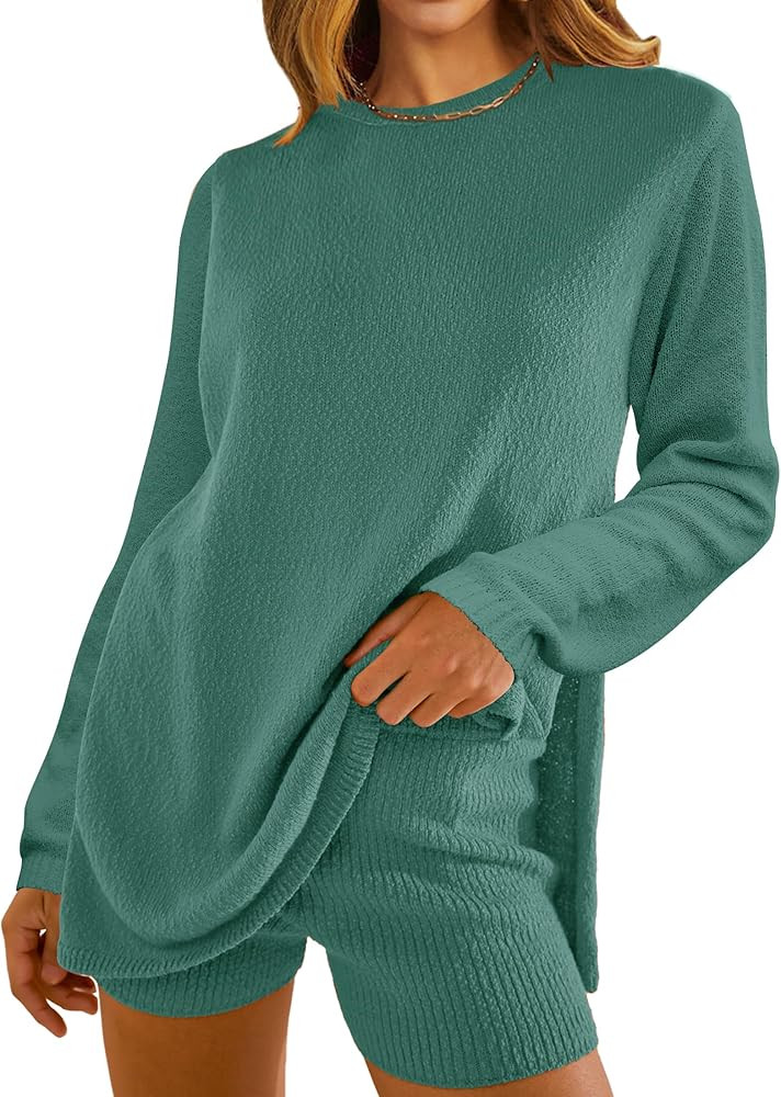 NENONA Women's 2024 Casual Two Piece Knit Outfits Long Sleeve Tunic Sweaters Top and Shorts Loung... | Amazon (US)