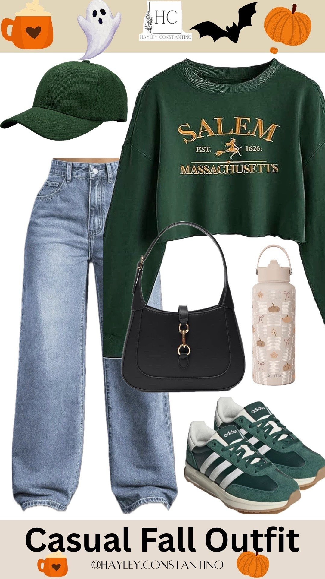 🎃🧙‍♀️ **Salem Witchy Casual Chic!** 🧙‍♀️🎃

Channel your inner Salem witch with this **spellbindingly cute fall look**! The forest-green cropped *Salem, Massachusetts* sweatshirt brings just the right amount of witchy magic, paired with relaxed straight-leg jeans for that effortlessly cool, “I may or may not know a potion” vibe. 👻✨

Top it off with a matching **deep-green baseball cap**, retro green-and-white sneakers, and a sleek black shoulder bag for a little modern witch energy. And of course, carry that adorable pumpkin-and-bow water bottle—because even witches need hydration between spells! 🍂🖤

### 🕸️ Where to wear it this spooky season:

* 🎃 **Salem, Massachusetts** — obviously! Witch trials, cobblestone streets and pumpkin everything.
* 👻 **Halloween festivals & haunted walks**
* ☕ **Pumpkin spice coffee runs**
* 🍎 **Apple-picking and fall farm days**
* 🧙‍♀️ **Witchy Halloween markets & craft fairs**
* 🎃 **Pumpkin patches and corn mazes**
* 🍂 **Casual weekend shopping or brunch**
* 🔮 **A spooky girls’ day out**

**The vibe:** *Casual witch meets New England fall girl.* Think crisp autumn air, haunted history, pumpkin spice in hand and just enough Salem magic to make everyone wonder if you flew in on a broomstick. 🧹🍁👻