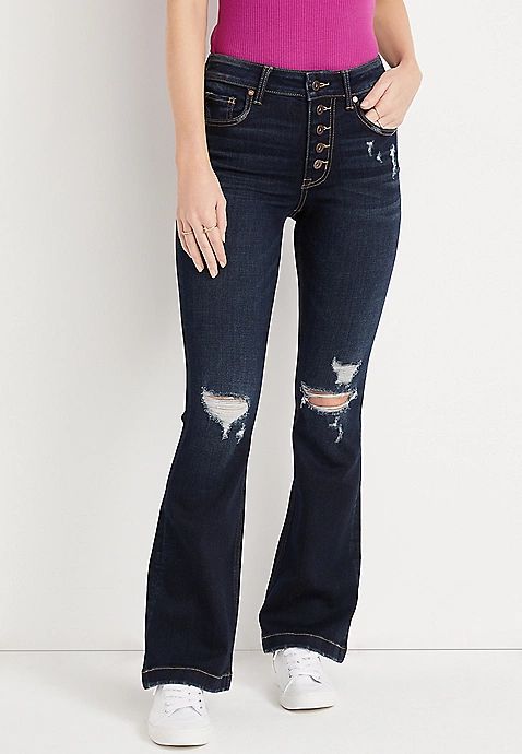 edgely™ Flare High Rise Button Fly Ripped Jean | Maurices