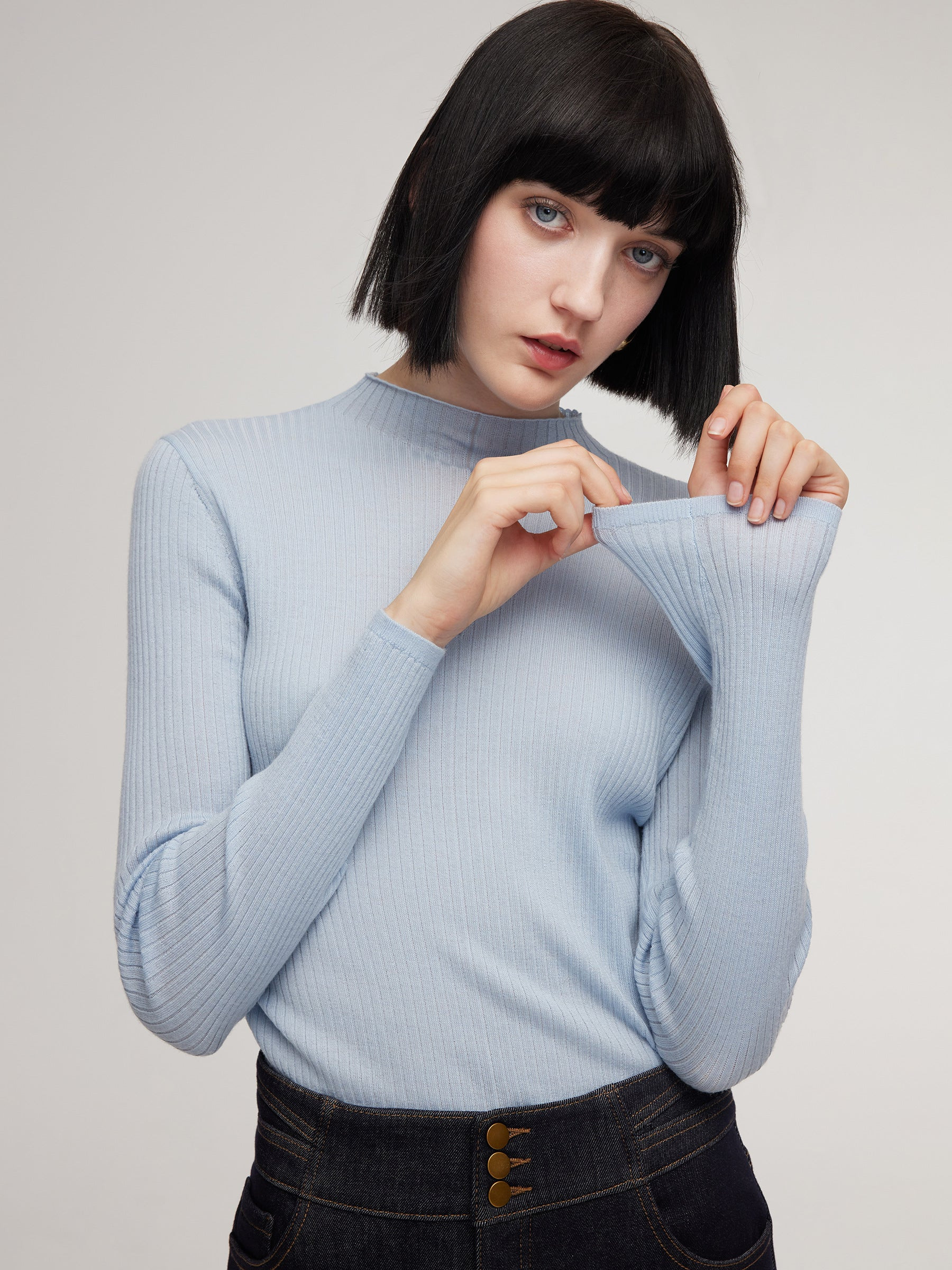 100% Washable Wool Mock Neck Women Knit Top | GOELIA