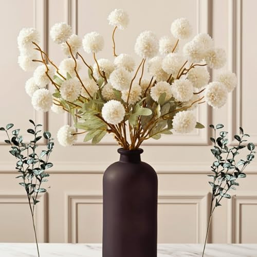 RyddeligHome White Faux Kiku Flowers for Vase - 10 Long Stem Artificial Flowers with Eucalyptus, ... | Amazon (US)