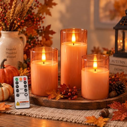 Homemory Orange Glass Flameless Candles, Fall Decor, Remote Timer, 3 Pack | Amazon (US)