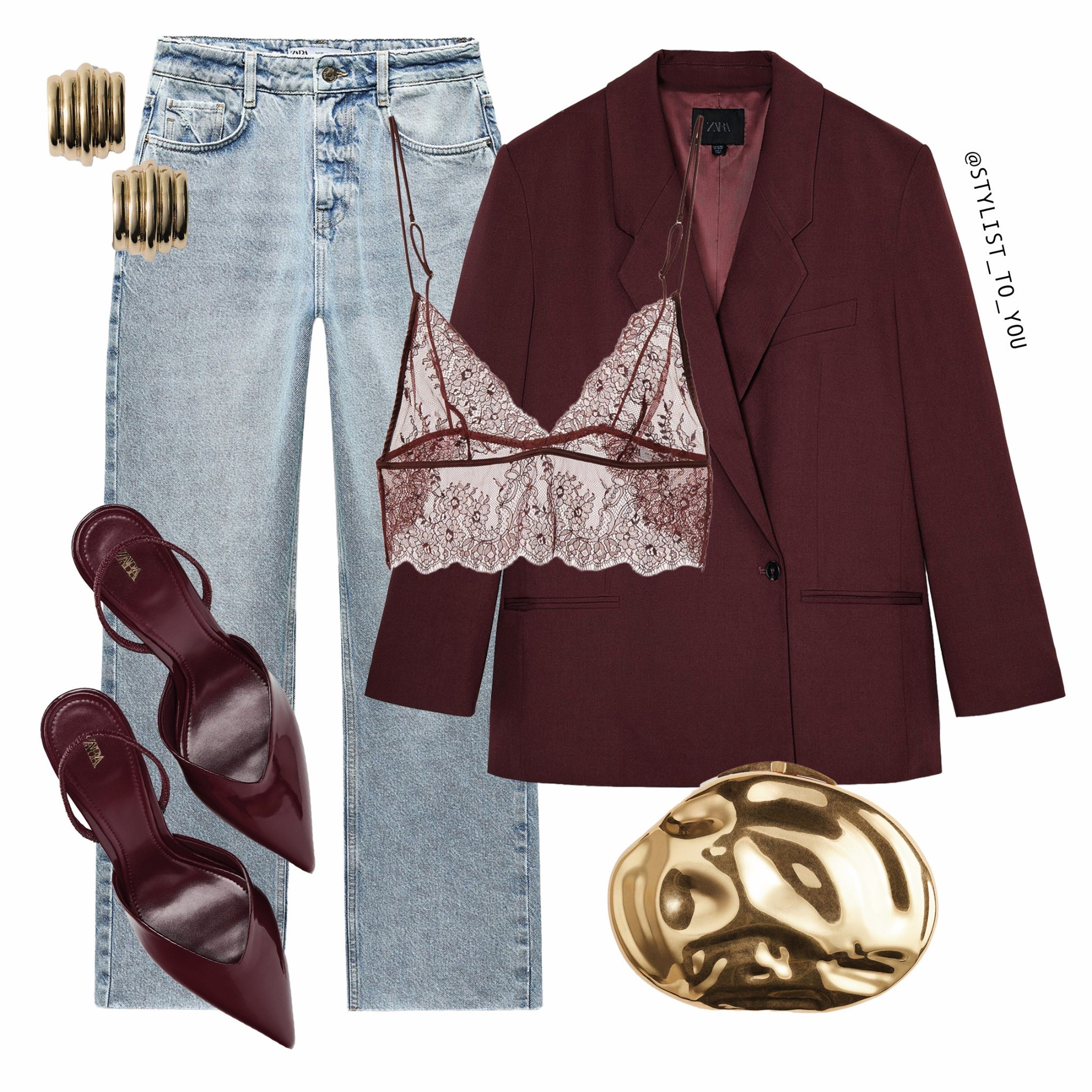 Confidence is the best accessory, but this gold clutch comes close ✨🍷

A stylish outfit featuring light-wash denim jeans paired with a burgundy oversized blazer and a delicate lace bralette in a matching hue. Accessories include a sculptural gold clutch, chunky gold earrings, and pointed-toe burgundy heeled mules, creating a sophisticated yet daring look. fashion, style, outfit inspo, trendy outfit, chic fashion, it girl aesthetic, denim outfit, blazer outfit, lingerie as outerwear, lace bralette, oversized blazer, polished look, elegant style, street style, fashion trends, aesthetic outfit, statement accessories, gold jewelry, capsule wardrobe, luxury style, modern fashion, effortless chic, power dressing, confident style, minimal aesthetic, timeless fashion, structured blazer, fashion forward, bold accessories, new season wardrobe, neutral tones, high fashion, luxe essentials, street fashion, curated style, trendy pieces, everyday elegance, elevated dressing, contemporary fashion, sophisticated vibes, fashion influencer

#LTKeurope #LTKspring #LTKuk