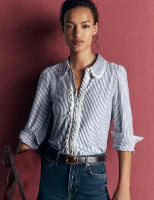 Boden Women's Lace Frill Blouse in Blue | Size 16/18 | Boden (US)